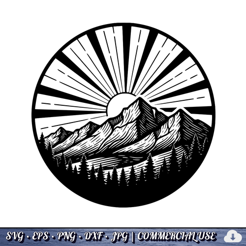 Mountain Sunrise Sunburst Circle SVG | Sun Rays Mountain Range Pine Trees Badge | Outdoor Nature SVG Cut File | Commercial Use Instant Download