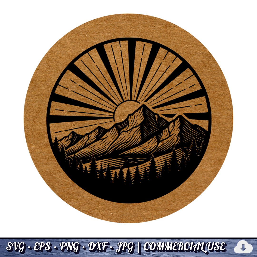 Mountain Sunrise Sunburst Circle SVG | Sun Rays Mountain Range Pine Trees Badge | Outdoor Nature SVG Cut File | Commercial Use Instant Download