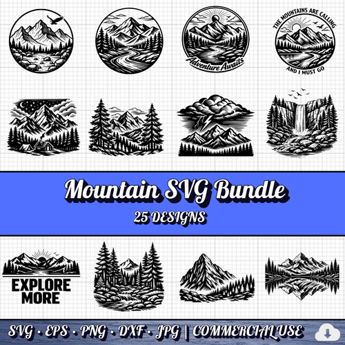 Mountain SVG Bundle | 25 Outdoor Adventure Designs PNG DXF | Commercial Use