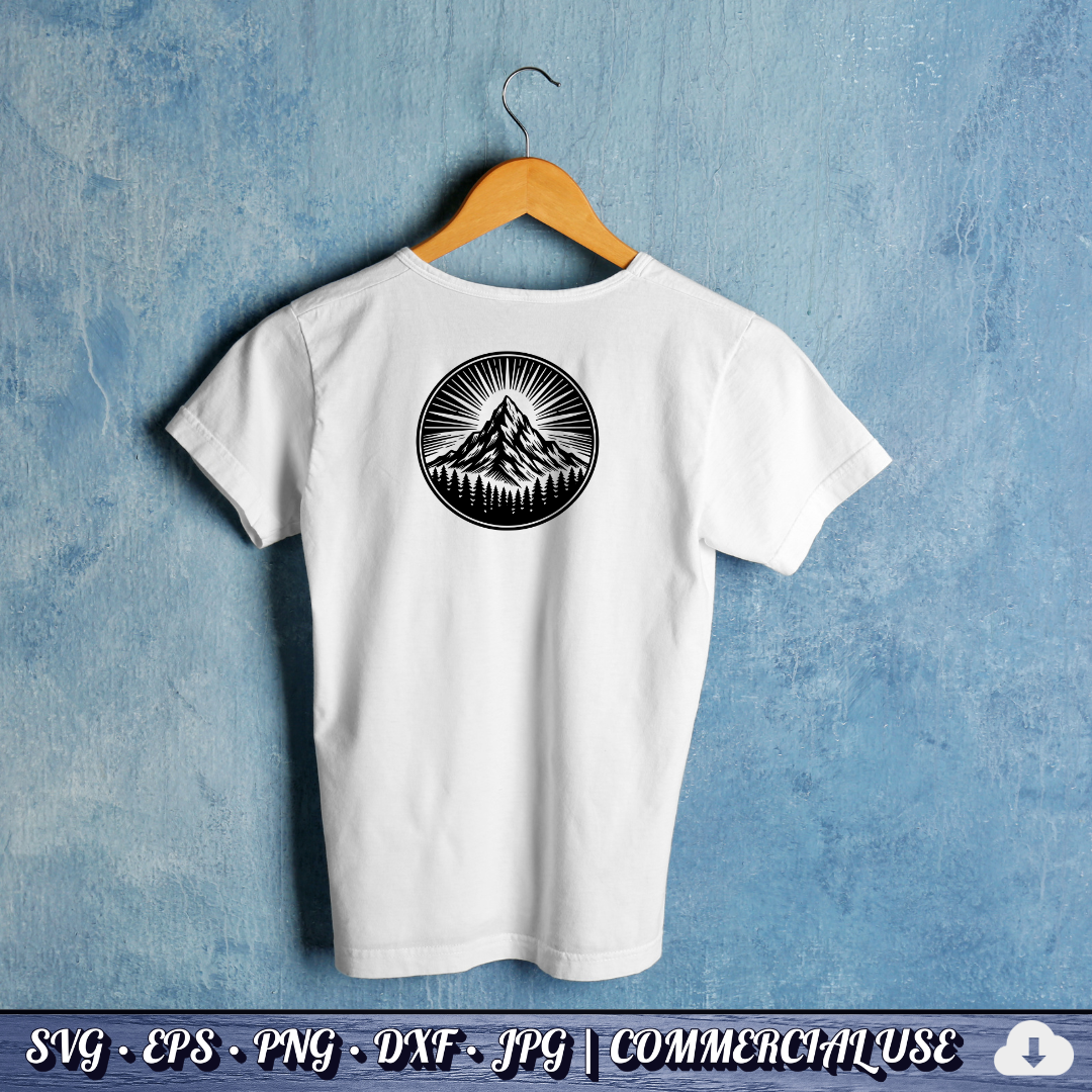 Mountain Sunburst SVG | Peak Pine Trees Circle Badge | Wilderness Rays Clipart SVG Cut File | Commercial Use Instant Download