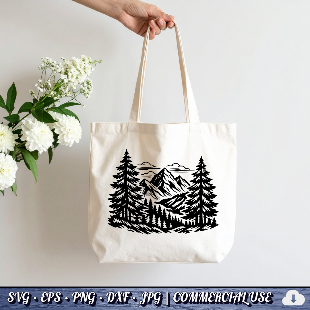 Mountain Forest Scene SVG | Pine Trees Mountain Landscape SVG | Wilderness Nature Clipart Cut File | Commercial Use Instant Download