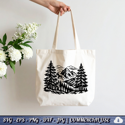 Mountain Forest Scene SVG | Pine Trees Mountain Landscape SVG | Wilderness Nature Clipart Cut File | Commercial Use Instant Download