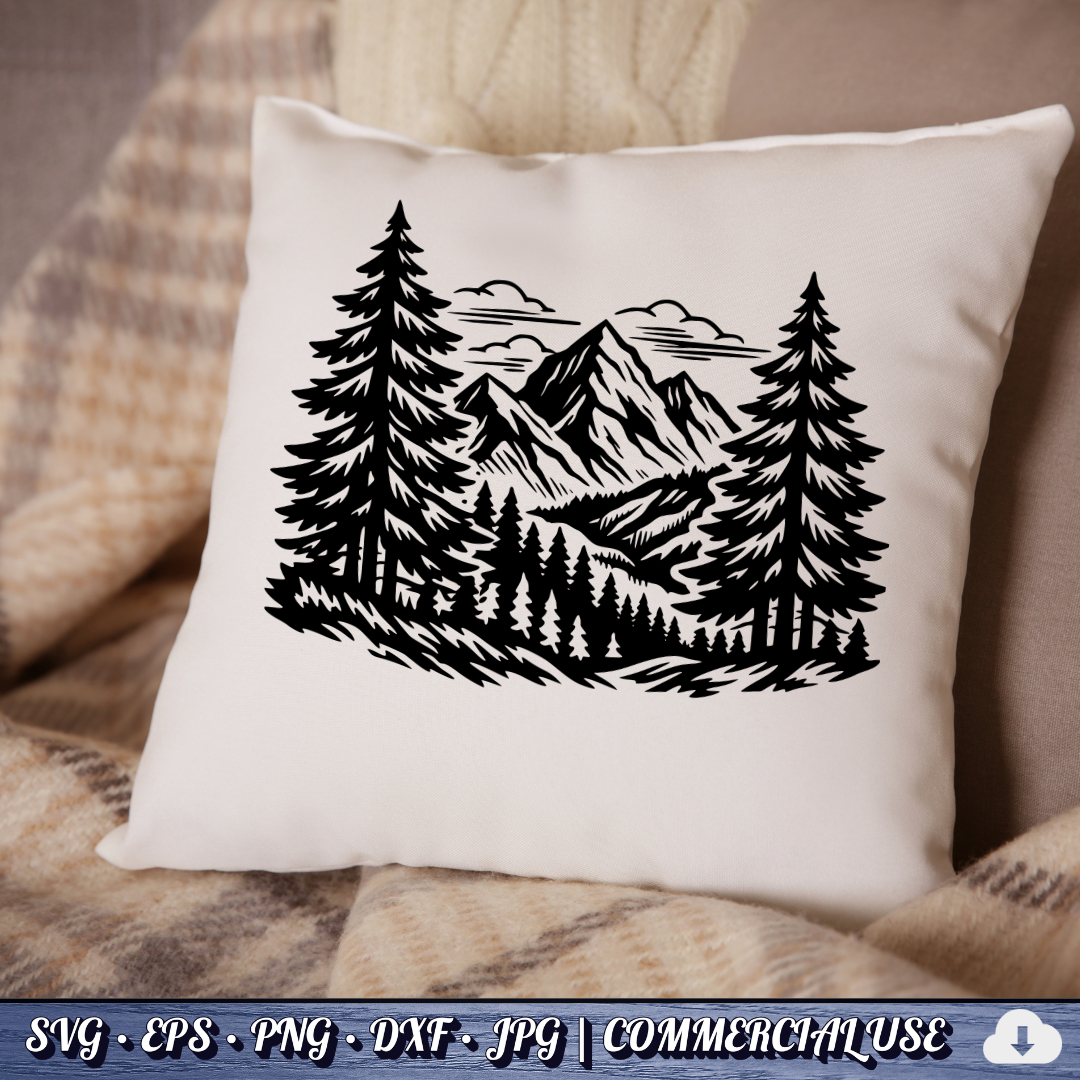 Mountain Forest Scene SVG | Pine Trees Mountain Landscape SVG | Wilderness Nature Clipart Cut File | Commercial Use Instant Download