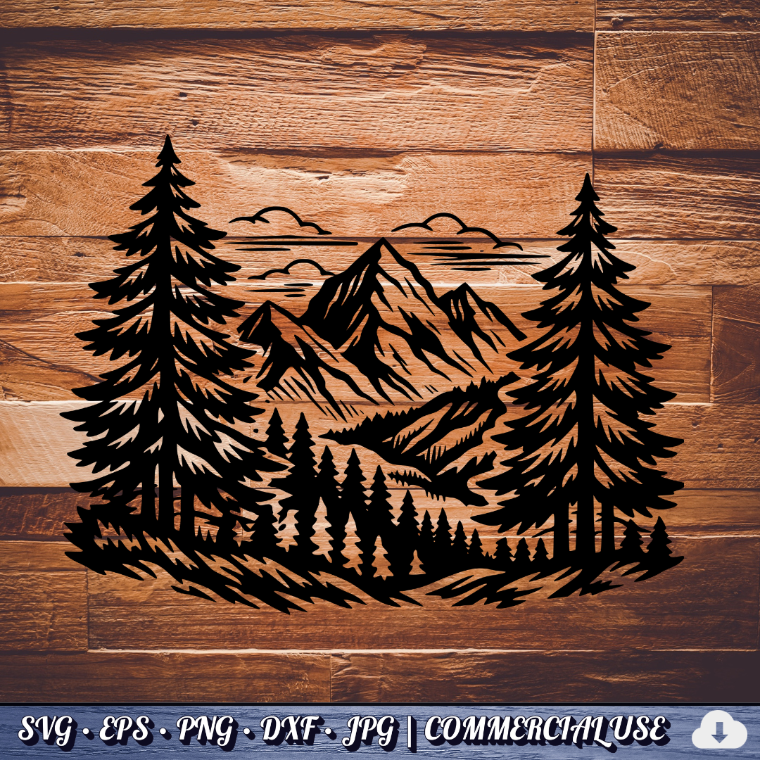 Mountain Forest Scene SVG | Pine Trees Mountain Landscape SVG | Wilderness Nature Clipart Cut File | Commercial Use Instant Download