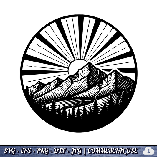 Mountain Sunrise Sunburst Circle SVG | Sun Rays Mountain Range Pine Trees Badge | Outdoor Nature SVG Cut File | Commercial Use Instant Download