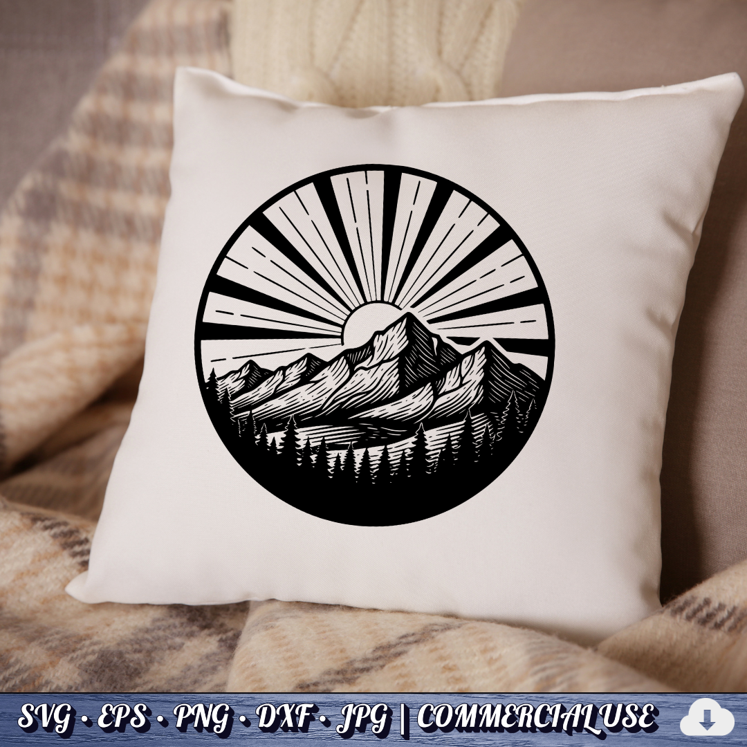 Mountain Sunrise Sunburst Circle SVG | Sun Rays Mountain Range Pine Trees Badge | Outdoor Nature SVG Cut File | Commercial Use Instant Download