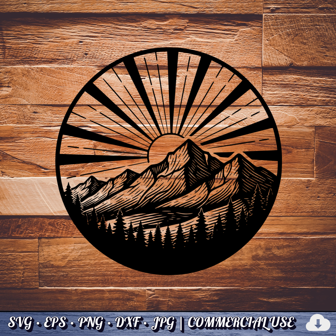 Mountain Sunrise Sunburst Circle SVG | Sun Rays Mountain Range Pine Trees Badge | Outdoor Nature SVG Cut File | Commercial Use Instant Download