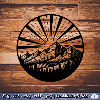 Mountain Sunrise Sunburst Circle SVG | Sun Rays Mountain Range Pine Trees Badge | Outdoor Nature SVG Cut File | Commercial Use Instant Download
