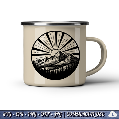 Mountain Sunrise Sunburst Circle SVG | Sun Rays Mountain Range Pine Trees Badge | Outdoor Nature SVG Cut File | Commercial Use Instant Download