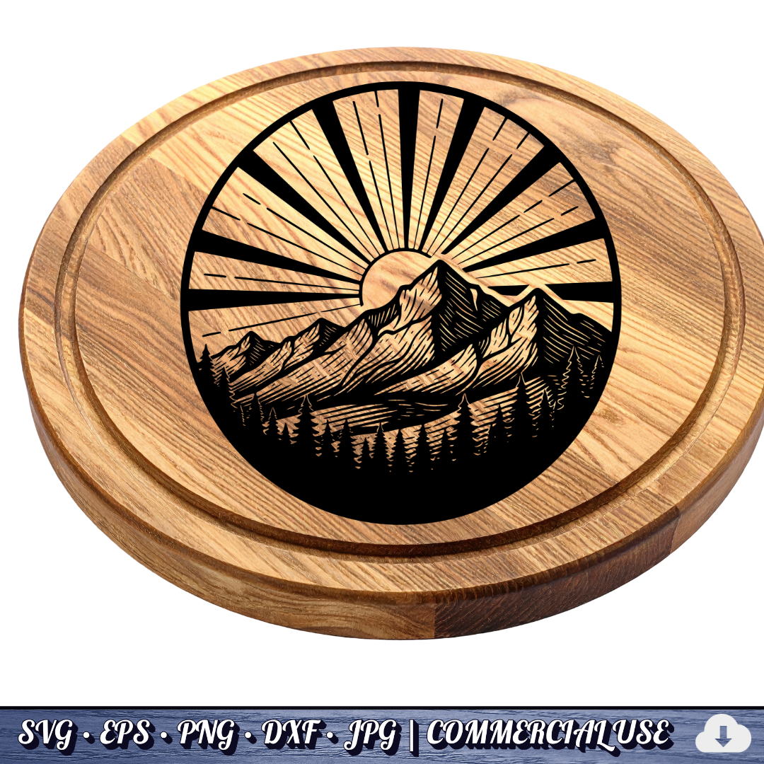 Mountain Sunrise Sunburst Circle SVG | Sun Rays Mountain Range Pine Trees Badge | Outdoor Nature SVG Cut File | Commercial Use Instant Download