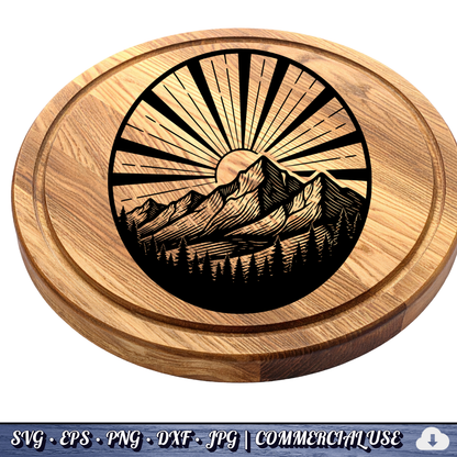 Mountain Sunrise Sunburst Circle SVG | Sun Rays Mountain Range Pine Trees Badge | Outdoor Nature SVG Cut File | Commercial Use Instant Download