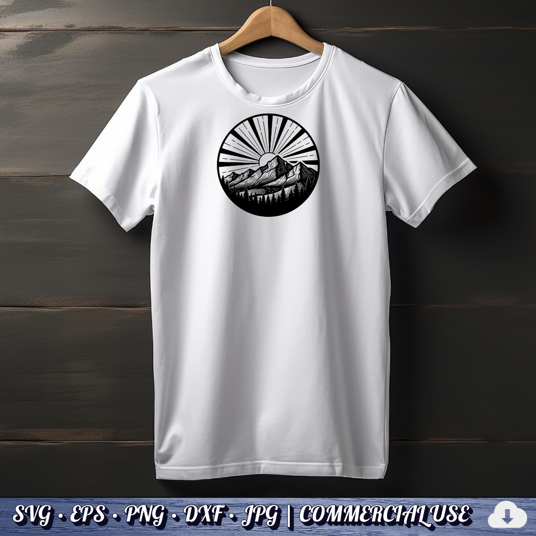 Mountain Sunrise Sunburst Circle SVG | Sun Rays Mountain Range Pine Trees Badge | Outdoor Nature SVG Cut File | Commercial Use Instant Download