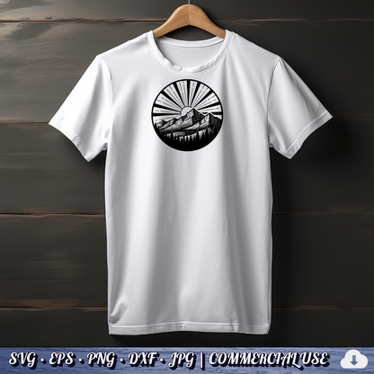 Mountain Sunrise Sunburst Circle SVG | Sun Rays Mountain Range Pine Trees Badge | Outdoor Nature SVG Cut File | Commercial Use Instant Download