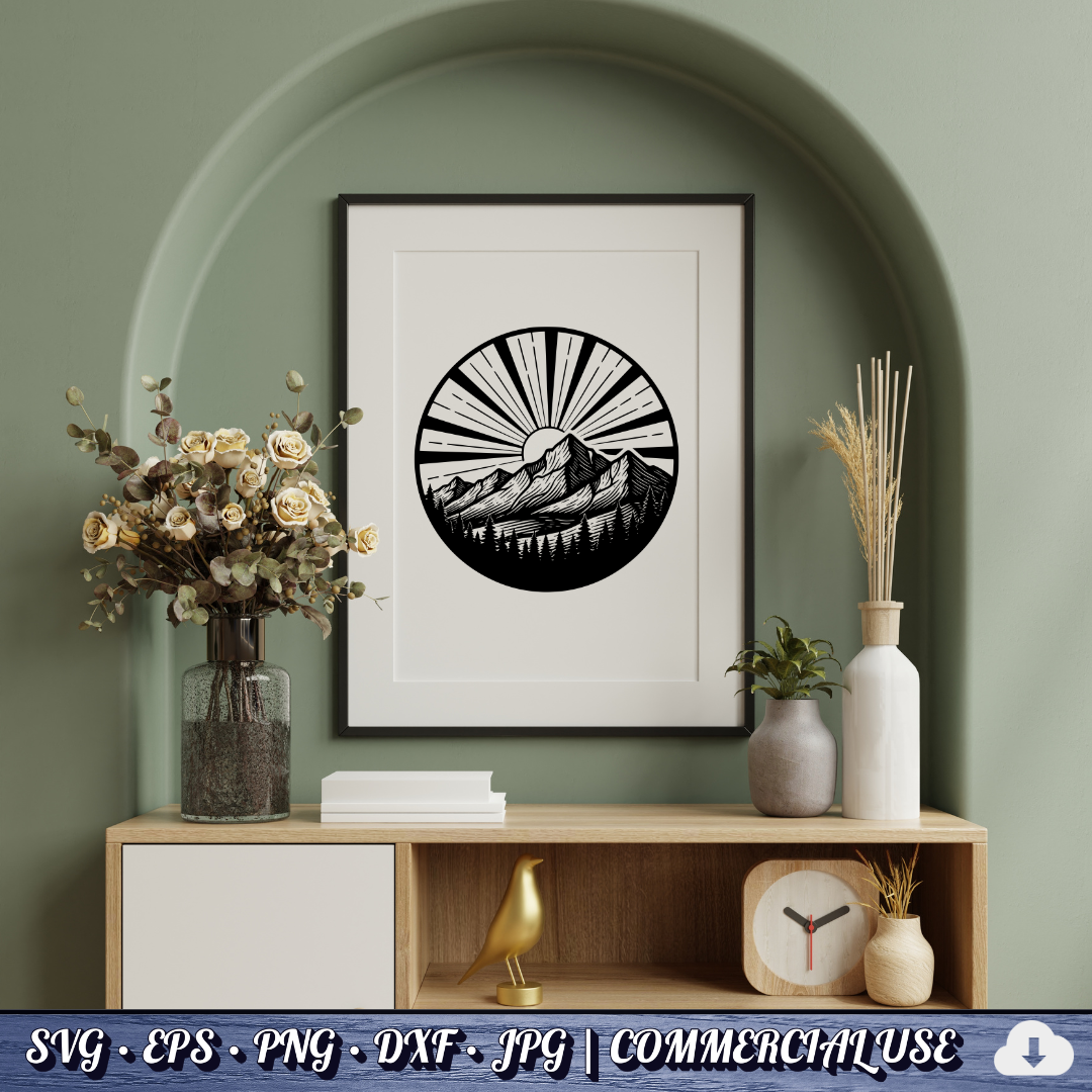 Mountain Sunrise Sunburst Circle SVG | Sun Rays Mountain Range Pine Trees Badge | Outdoor Nature SVG Cut File | Commercial Use Instant Download