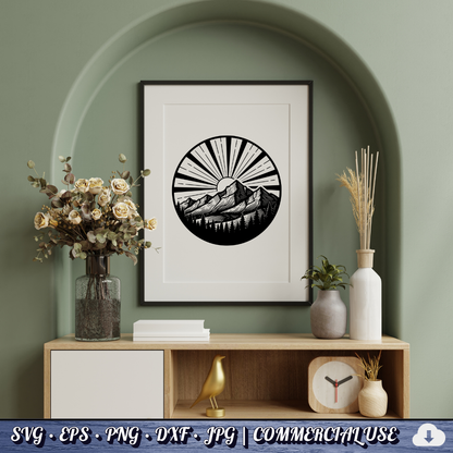 Mountain Sunrise Sunburst Circle SVG | Sun Rays Mountain Range Pine Trees Badge | Outdoor Nature SVG Cut File | Commercial Use Instant Download