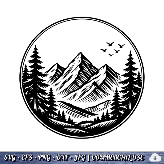 Mountain Pine Trees Circle SVG | Birds Flying Wilderness Badge | Outdoor Nature Landscape SVG Cut File | Commercial Use Instant Download