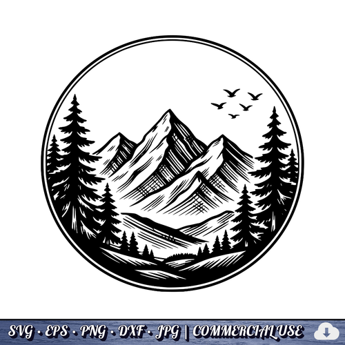 Mountain Pine Trees Circle SVG | Birds Flying Wilderness Badge | Outdoor Nature Landscape SVG Cut File | Commercial Use Instant Download