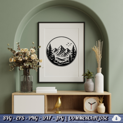 Mountain Pine Trees Circle SVG | Birds Flying Wilderness Badge | Outdoor Nature Landscape SVG Cut File | Commercial Use Instant Download