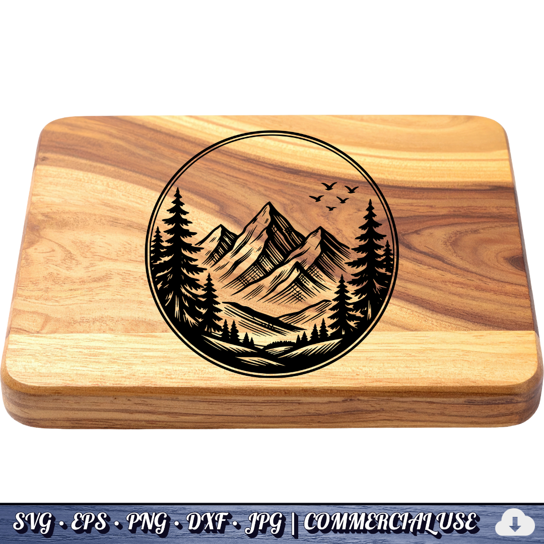 Mountain Pine Trees Circle SVG | Birds Flying Wilderness Badge | Outdoor Nature Landscape SVG Cut File | Commercial Use Instant Download