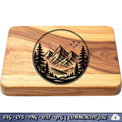 Mountain Pine Trees Circle SVG | Birds Flying Wilderness Badge | Outdoor Nature Landscape SVG Cut File | Commercial Use Instant Download