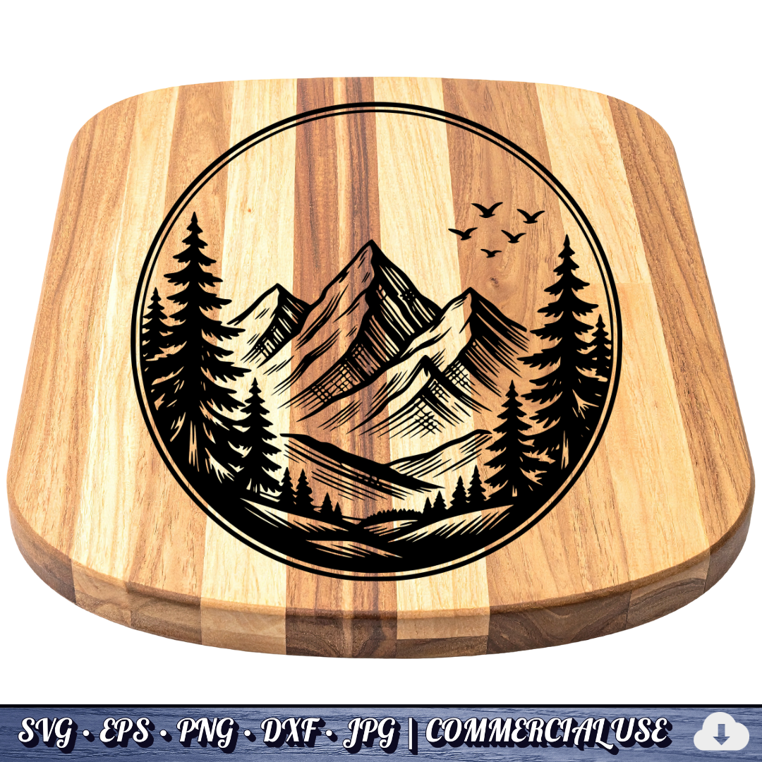 Mountain Pine Trees Circle SVG | Birds Flying Wilderness Badge | Outdoor Nature Landscape SVG Cut File | Commercial Use Instant Download