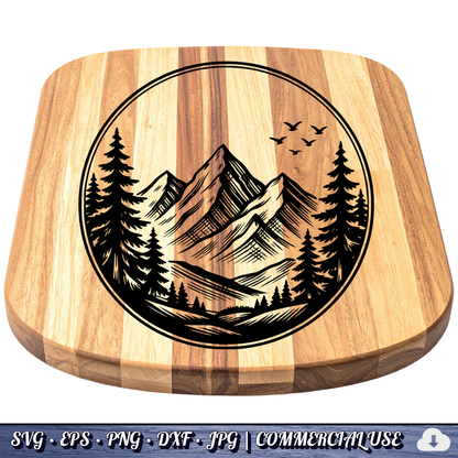 Mountain Pine Trees Circle SVG | Birds Flying Wilderness Badge | Outdoor Nature Landscape SVG Cut File | Commercial Use Instant Download