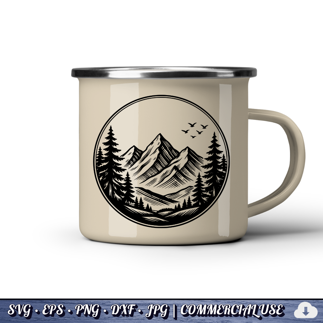 Mountain Pine Trees Circle SVG | Birds Flying Wilderness Badge | Outdoor Nature Landscape SVG Cut File | Commercial Use Instant Download