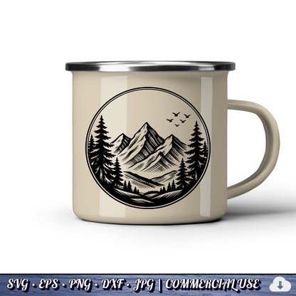 Mountain Pine Trees Circle SVG | Birds Flying Wilderness Badge | Outdoor Nature Landscape SVG Cut File | Commercial Use Instant Download