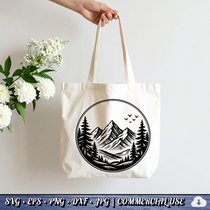 Mountain Pine Trees Circle SVG | Birds Flying Wilderness Badge | Outdoor Nature Landscape SVG Cut File | Commercial Use Instant Download