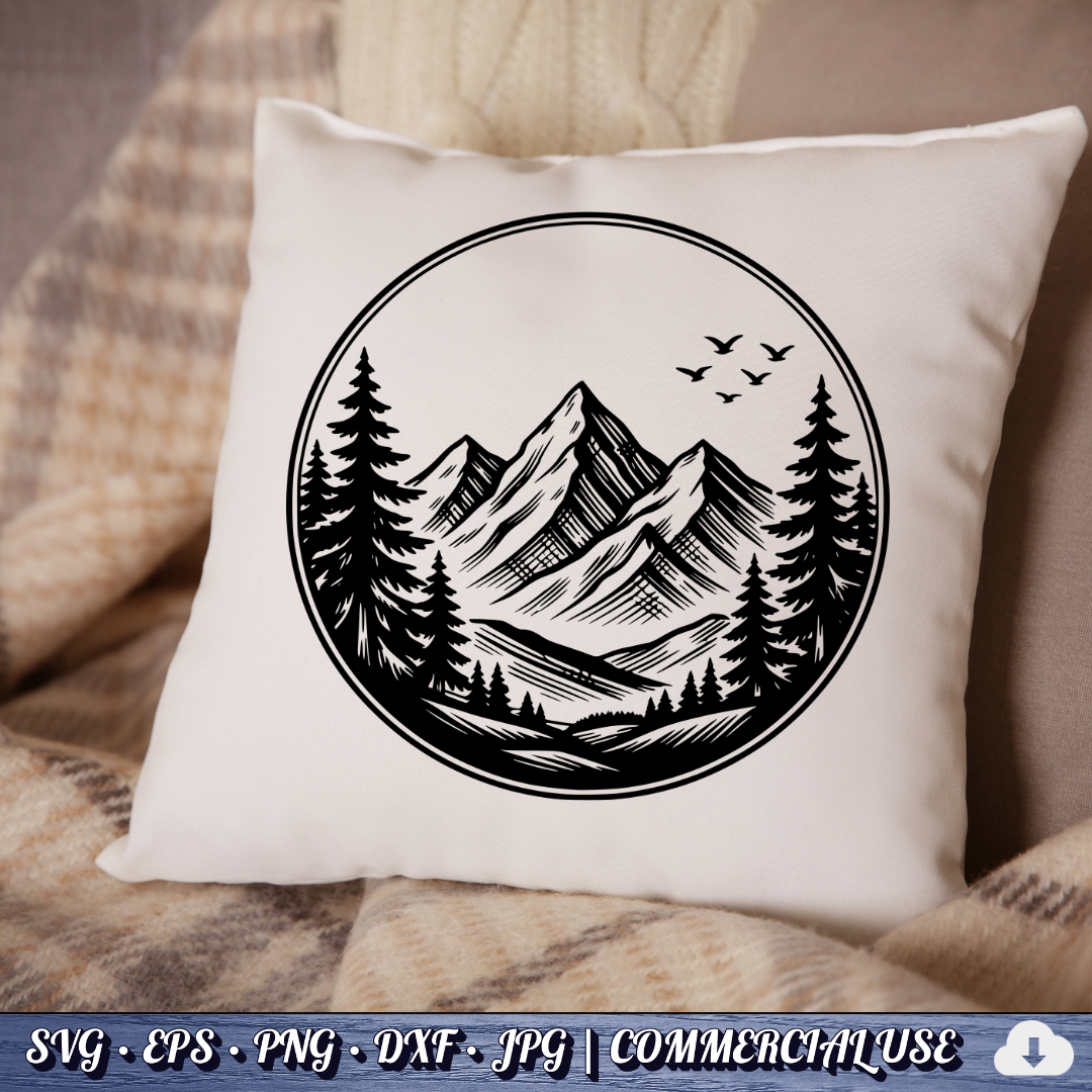 Mountain Pine Trees Circle SVG | Birds Flying Wilderness Badge | Outdoor Nature Landscape SVG Cut File | Commercial Use Instant Download