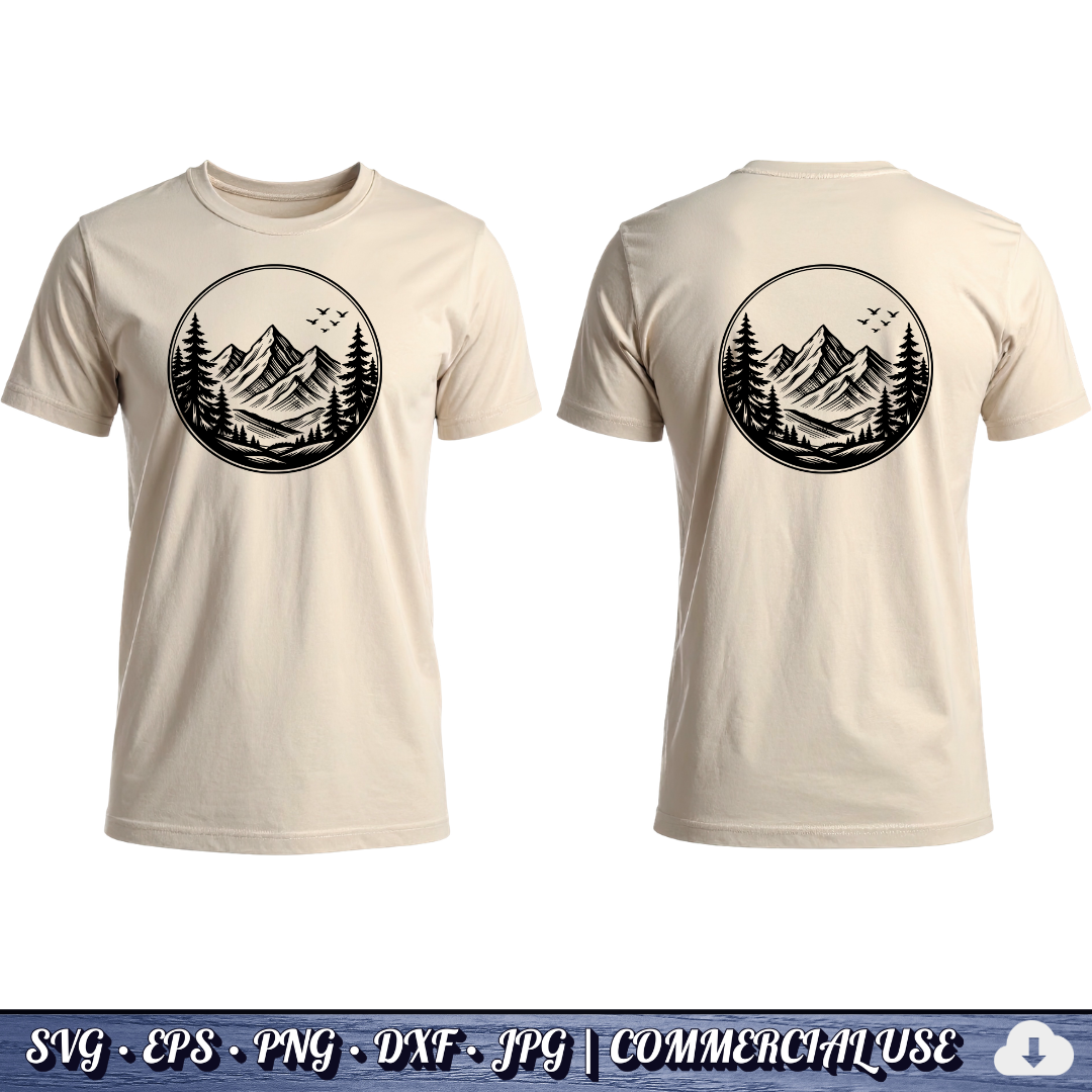 Mountain Pine Trees Circle SVG | Birds Flying Wilderness Badge | Outdoor Nature Landscape SVG Cut File | Commercial Use Instant Download