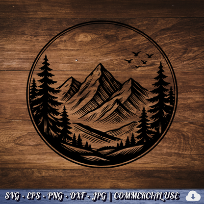 Mountain Pine Trees Circle SVG | Birds Flying Wilderness Badge | Outdoor Nature Landscape SVG Cut File | Commercial Use Instant Download