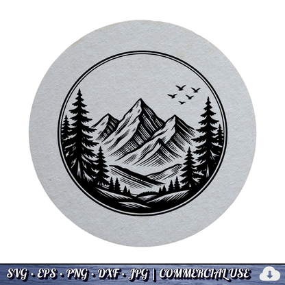 Mountain Pine Trees Circle SVG | Birds Flying Wilderness Badge | Outdoor Nature Landscape SVG Cut File | Commercial Use Instant Download