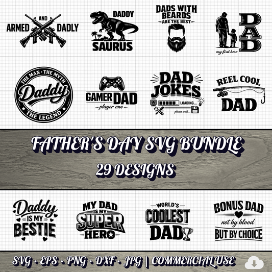 Father's Day SVG Bundle | 29 Funny Dad Designs PNG DXF | Commercial Use