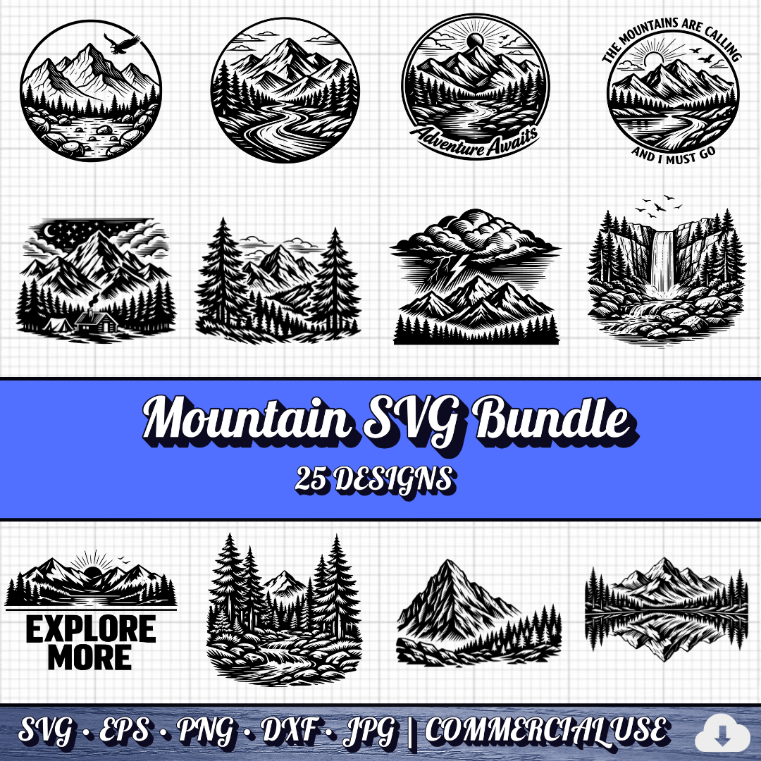 Mountain SVG Bundle | 25 Outdoor Adventure Designs PNG DXF | Commercial Use