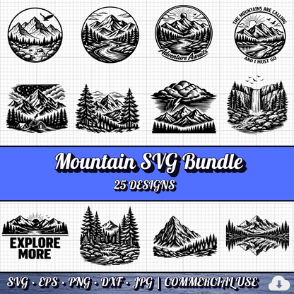 Mountain SVG Bundle | 25 Outdoor Adventure Designs PNG DXF | Commercial Use