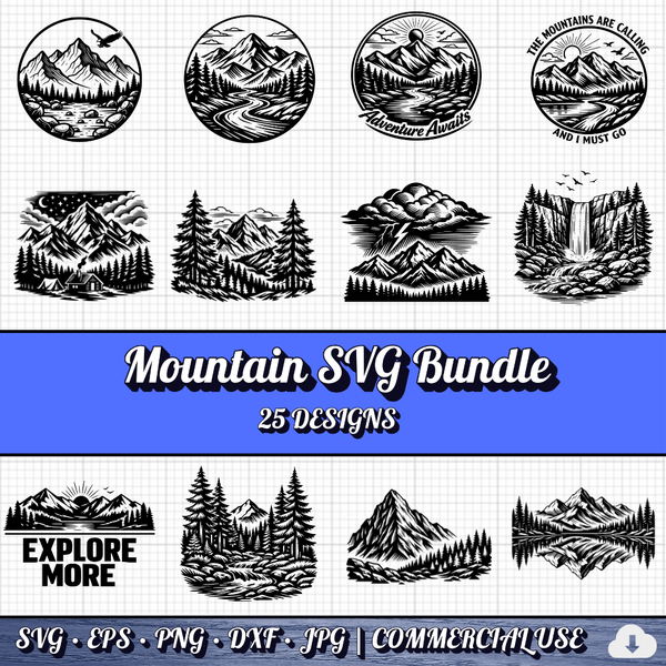 Mountain SVG Bundle | 25 Outdoor Adventure Designs PNG DXF | Commercial Use