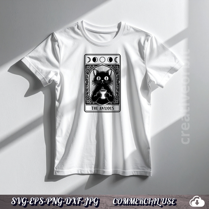 Anxious Cat Tarot SVG | Funny Black Cat Coffee Design