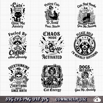 Funny Anxiety SVG Bundle 25 Designs,  Skeleton Cat Raccoon PNG, Commercial Use