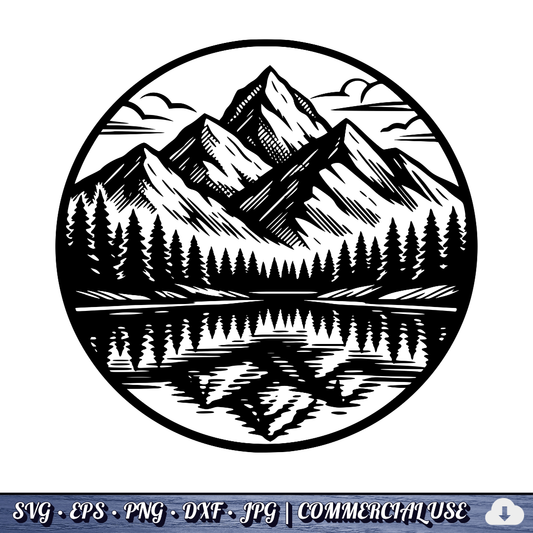 Mountain Lake Reflection SVG Bundle | Wilderness Circle Clipart | Pine Trees Nature SVG Cut File | Commercial Use