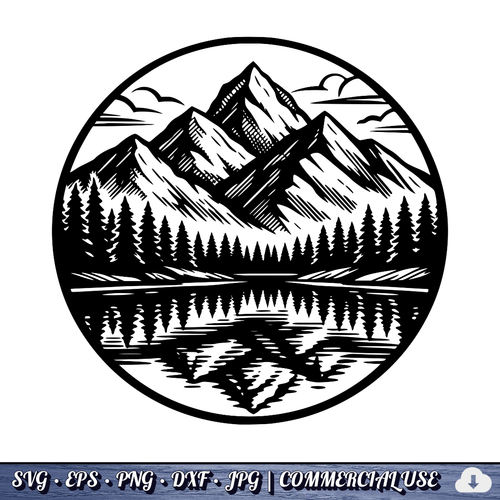 Mountain Lake Reflection SVG Bundle | Wilderness Circle Clipart | Pine Trees Nature SVG Cut File | Commercial Use