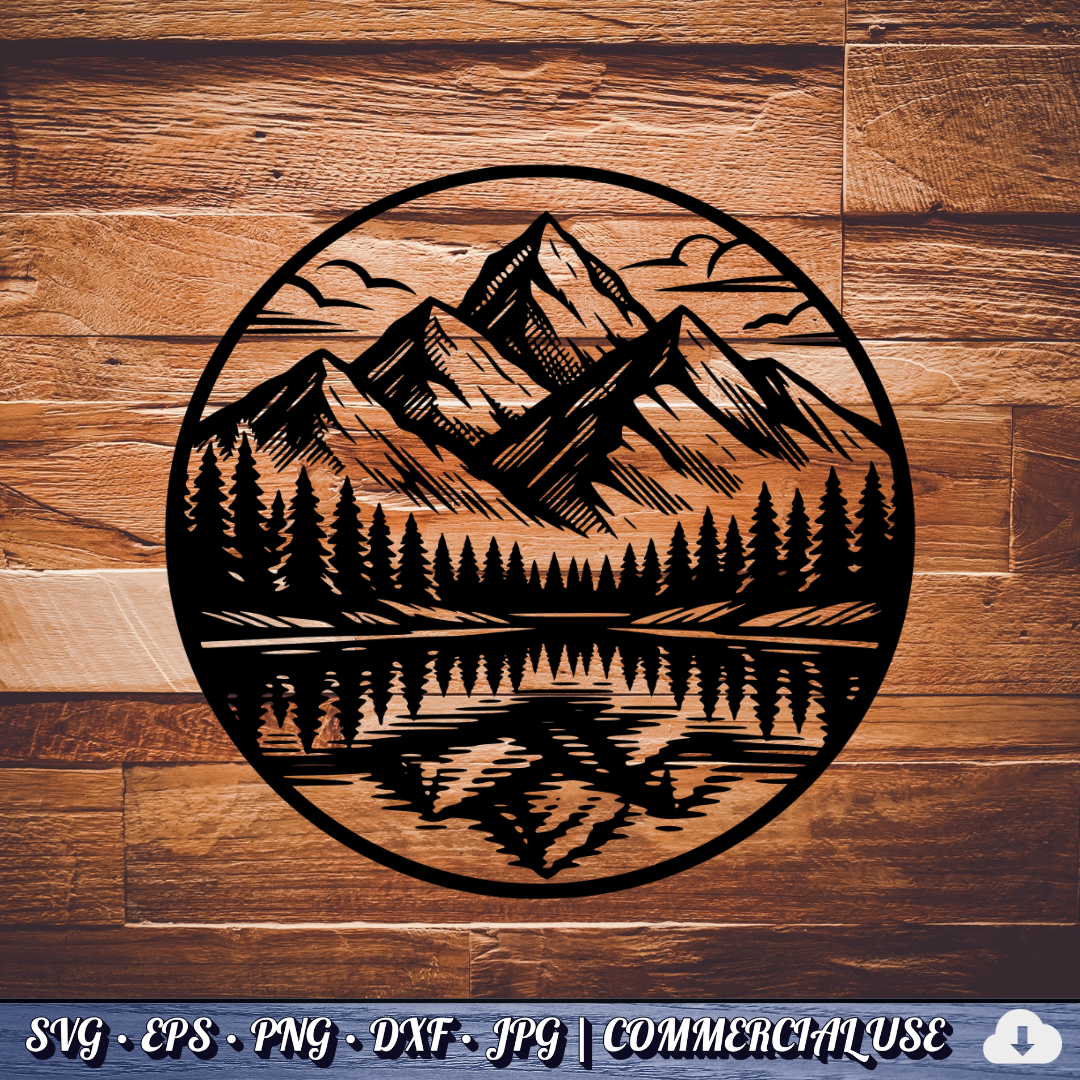 Mountain Lake Reflection SVG Bundle | Wilderness Circle Clipart | Pine Trees Nature SVG Cut File | Commercial Use