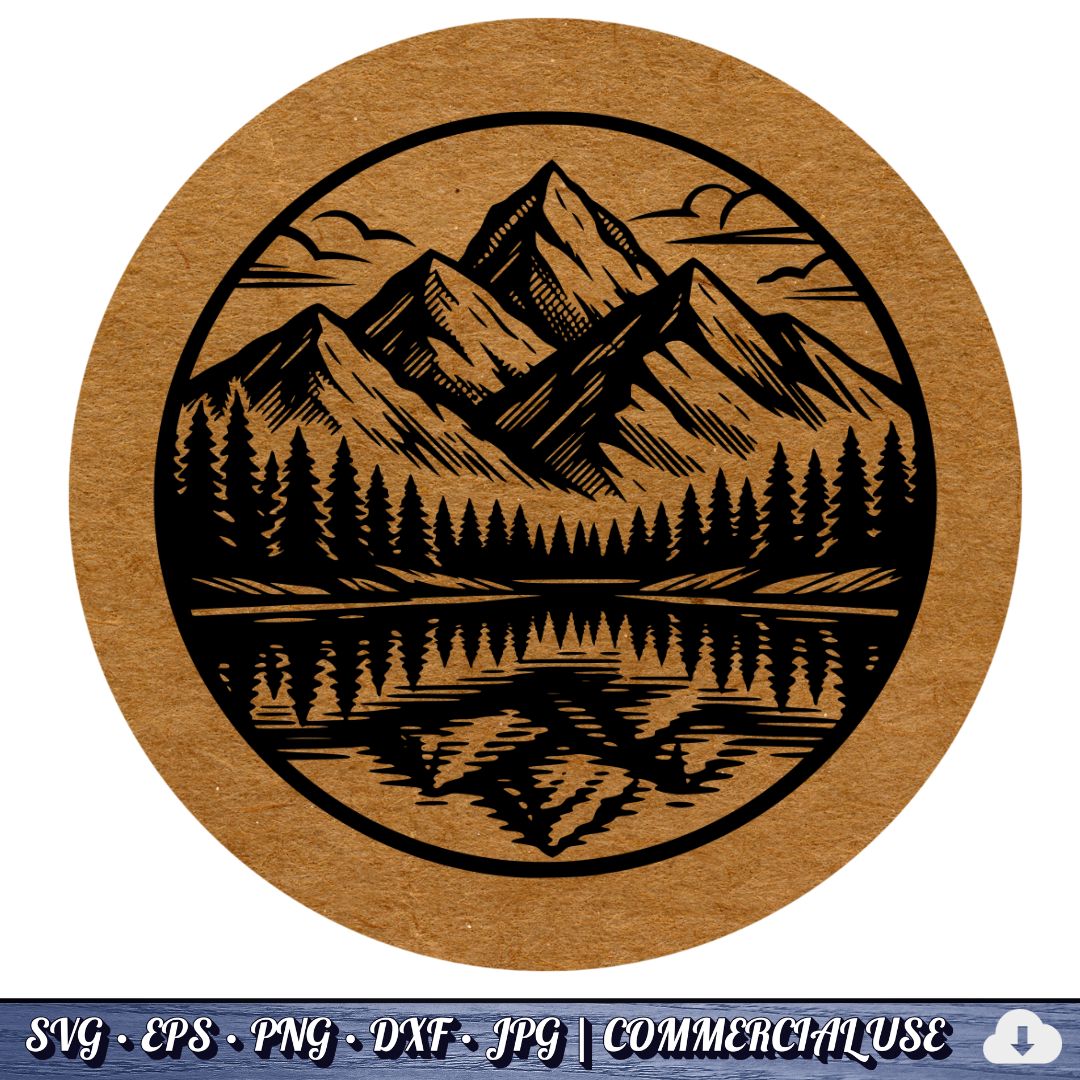 Mountain Lake Reflection SVG Bundle | Wilderness Circle Clipart | Pine Trees Nature SVG Cut File | Commercial Use