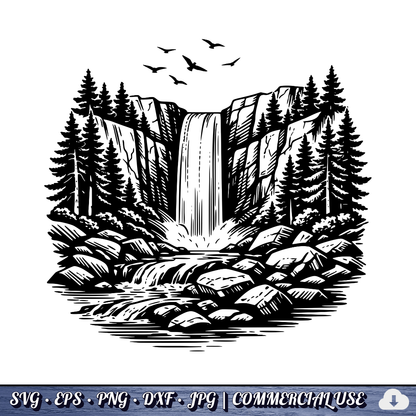 Waterfall SVG Bundle | Forest Waterfall Clipart | Pine Trees & Rocky River Nature SVG | Cut File Commercial Use