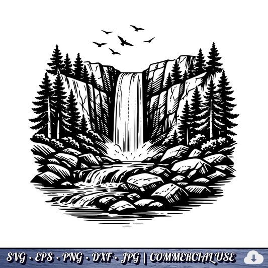 Waterfall SVG Bundle | Forest Waterfall Clipart | Pine Trees & Rocky River Nature SVG | Cut File Commercial Use