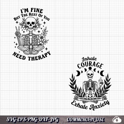 Funny Anxiety SVG Bundle 25 Designs,  Skeleton Cat Raccoon PNG, Commercial Use