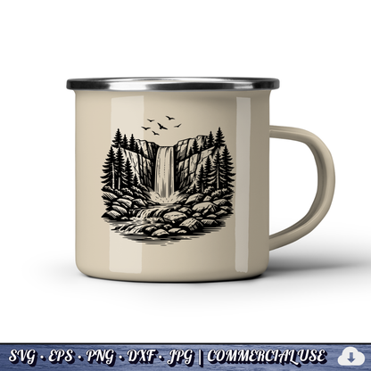 Waterfall SVG Bundle | Forest Waterfall Clipart | Pine Trees & Rocky River Nature SVG | Cut File Commercial Use