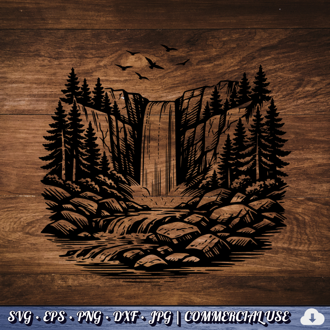 Waterfall SVG Bundle | Forest Waterfall Clipart | Pine Trees & Rocky River Nature SVG | Cut File Commercial Use