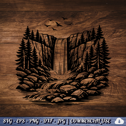 Waterfall SVG Bundle | Forest Waterfall Clipart | Pine Trees & Rocky River Nature SVG | Cut File Commercial Use