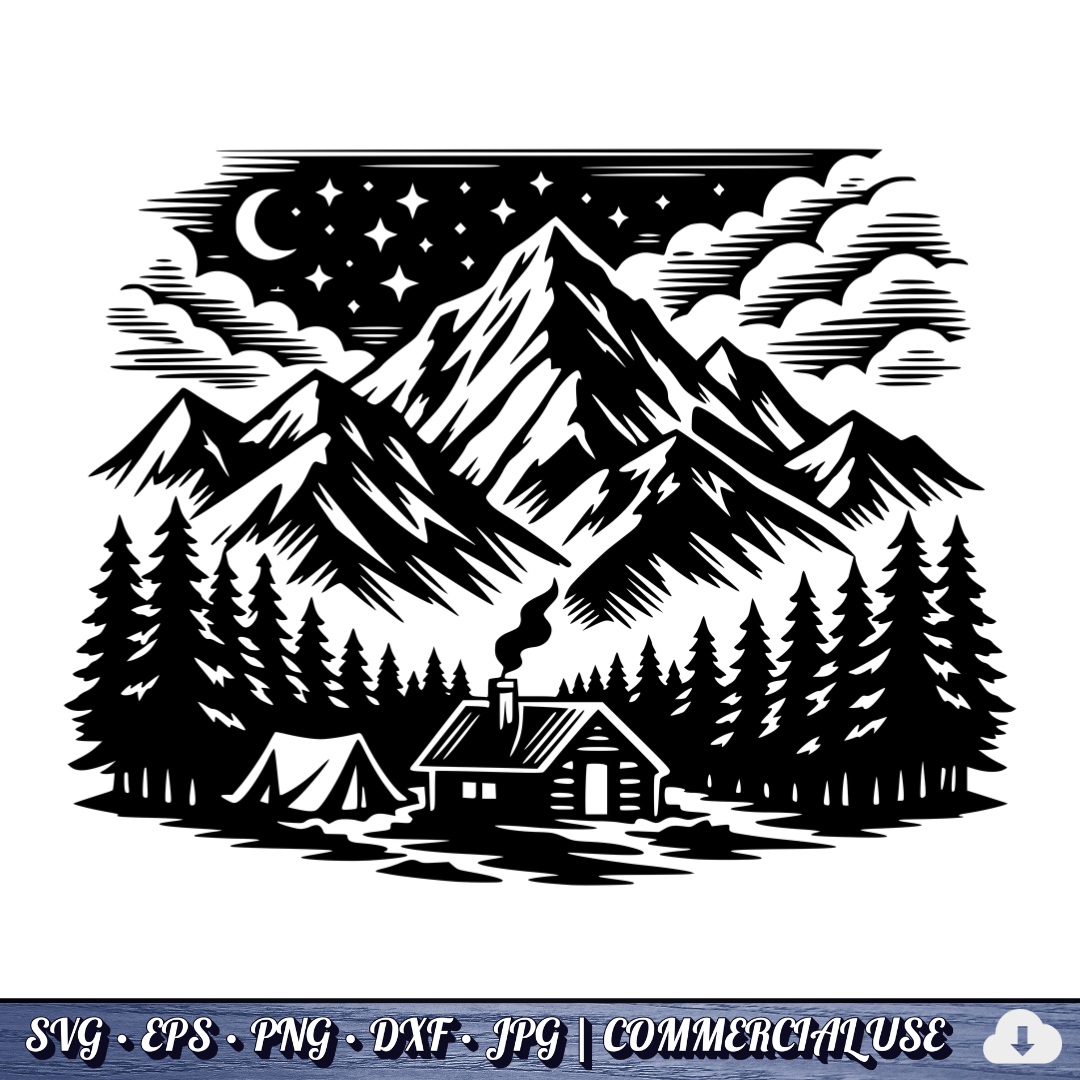 free Mountain Cabin Night Scene SVG | Camping Tent Log Cabin SVG | Starry Sky Wilderness Clipart | Cut File Commercial Use